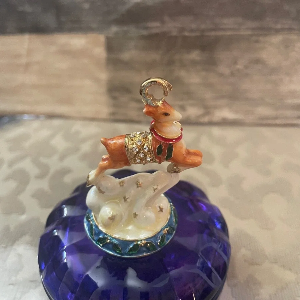 Gorham Jeweled Reindeer Cobalt Blue Glass Trinket Box Holiday Christmas Dish